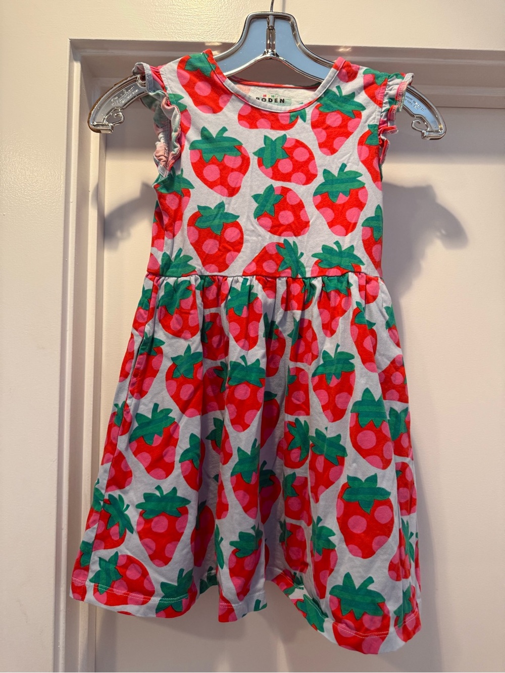 Mini Boden Pink and Green Strawberry Print Cotton Dress, Size 7/8